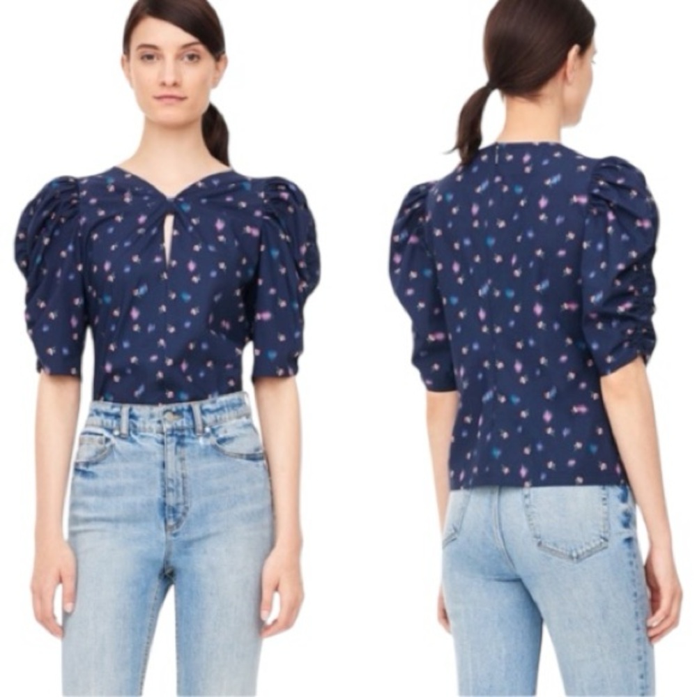 EUC Rebecca Taylor Farren Flower Poplin Blouse Navy Floral Puff Sleeve Size 4